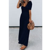 Round Neck Short Sleeve Long Pattern Jumpsuit